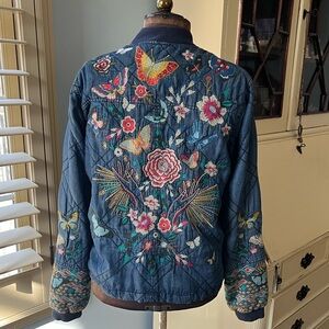 Johnny Was Blue Floral Embroidered Bomber Jacket